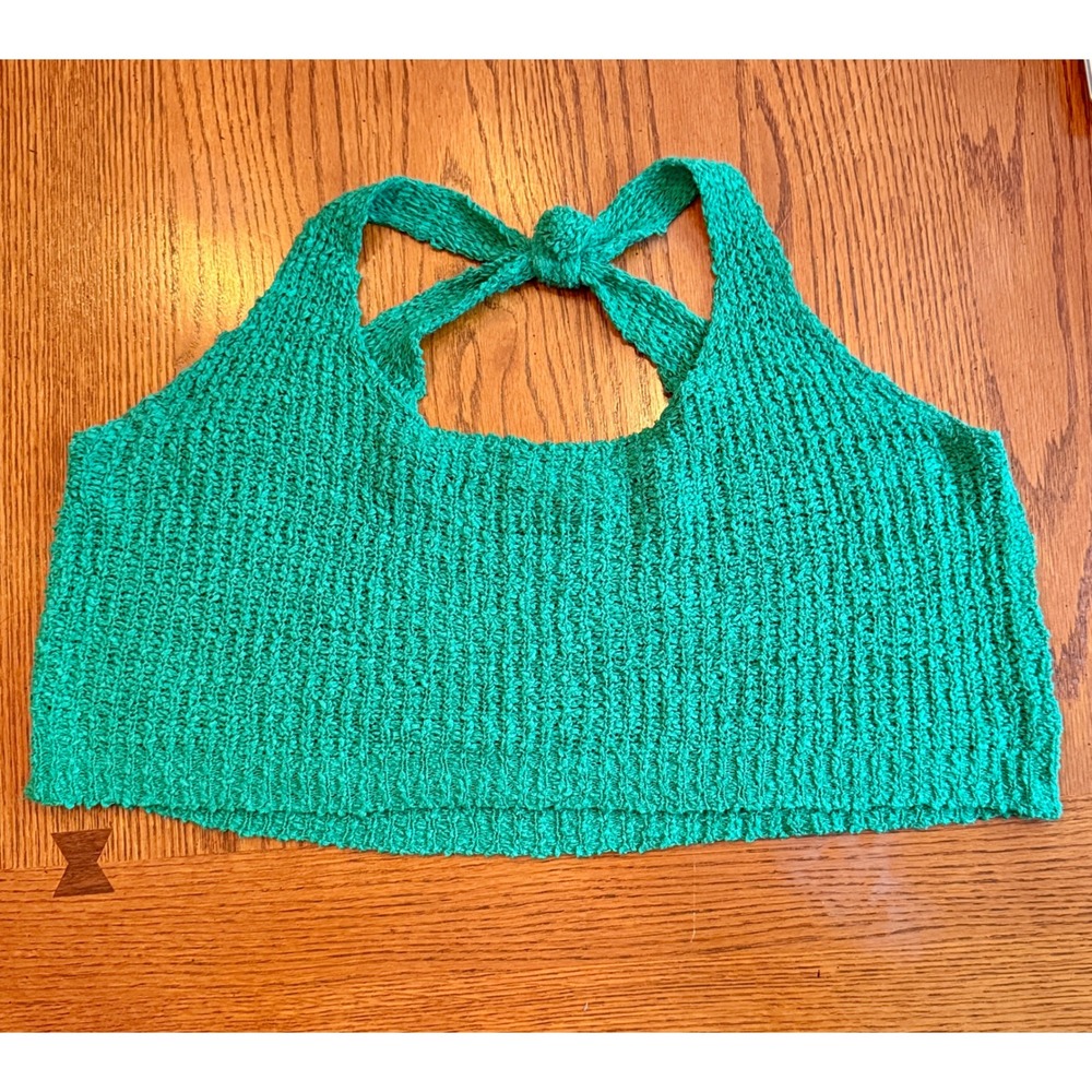 Crescent Knit Halter Crop Top L Green Textured Back Tie Boho Festival Trendy